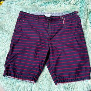 Denim & Flower Navy and Red Striped Flat Front Shorts, Size 38